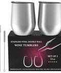 Set of 2 Stainless Steel Double Wall Vacuum Insulated Wine Tumblers 12 oz with straws and cleaning brush.