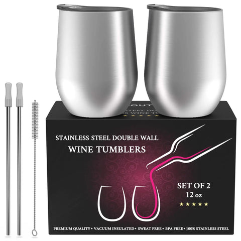Set of 2 Stainless Steel Double Wall Vacuum Insulated Wine Tumblers 12 oz with straws and cleaning brush.