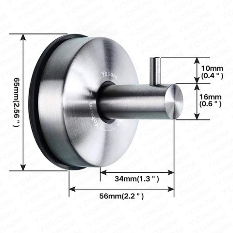 Stainless Steel Vacuum Suction Cup Shower Hook with brushed finish, dimensions labeled, for bathroom use, no-drill mount.