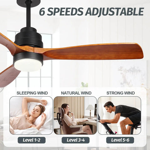 Wood Ceiling Fan With Light Energy Saving 52 Inch DC Motor Ultra Quiet 3 Blades 6 Speeds Indoor Outdoor Ceiling Fan
