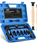Valve Spring Compressor Kit With 10 Piece Clamp Tool Set in blue case with C clamp, collet adapters, and extension rods