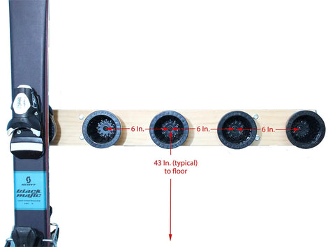 Badass Five Pack Ski Wall Hangers securely grip every alpine board, showcasing sturdy clips on wall mounts with measurements.