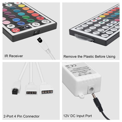 2-Port 44-Key IR RGB LED Remote Control Box Kit With 12V 3A Power Supply, showing remote, connectors, and DC port