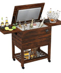 54 Quart Rolling Patio Cooler Cart With Pine Wood Ice Chest And Drain Fold Down Shelves Bottle Opener On Wheels For Backyard Poolside Deck Parties Holds Up To 72 Cans Or Bottles