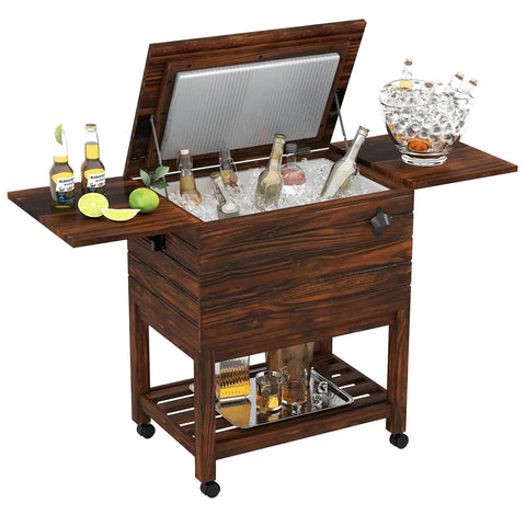 54 Quart Rolling Patio Cooler Cart With Pine Wood Ice Chest And Drain Fold Down Shelves Bottle Opener On Wheels For Backyard Poolside Deck Parties Holds Up To 72 Cans Or Bottles