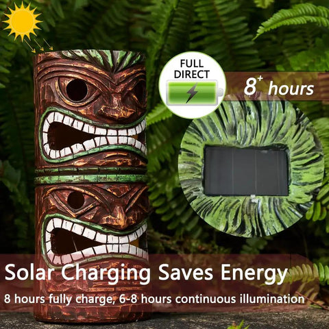 Solar Tiki Statue Outdoor Decor For Garden And Yard Large 10 Inch Tiki Totem Pole With Solar Powered Warm Glow Lights