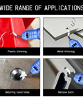 360 Degree Ratchet Pipe Cutter With Deburring Tool And Three Bearing Blades For Quick No Fuss Clean Metal Pipe Cutting In Tight Spaces Smooth Rotary Cut shown trimming plastic, metal, and deburring holes