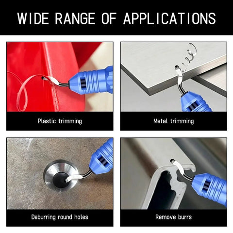 360 Degree Ratchet Pipe Cutter With Deburring Tool And Three Bearing Blades For Quick No Fuss Clean Metal Pipe Cutting In Tight Spaces Smooth Rotary Cut shown trimming plastic, metal, and deburring holes