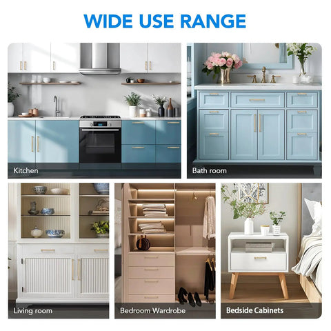 5 settings showing 10 Pack Five Inch Champagne Bronze Cabinet Pulls Solid Zinc Alloy for various room displays