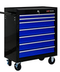 Seven Drawer Rolling Tool Chest On Wheels With Locking Casters And Tubular Handle, Built Tough Tool Cart For Your Garage, Shop Or Warehouse, Massive 7 Drawer Storage In Black And Blue, black steel front view
