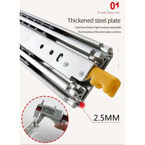 Slick Heavy Duty Telescopic Drawer Slides One Pair Full Extension Cabinet Hardware 76mm steel rails with 2.5mm thickness