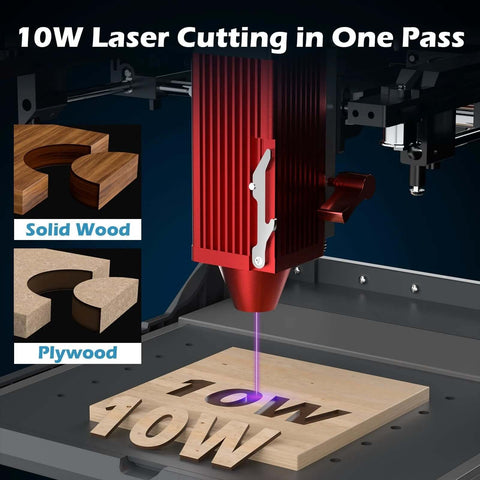 Genmitsu Kiosk 10W laser engraver with red head, 3.9x3.9 in engraving area; engraving wood with purple beam on a board