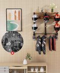 Heavy Duty Wall Mounted Helmet Rack With Six J Hooks And Six Clip Hooks Holds Six Helmets And Gear displayed in a tidy room