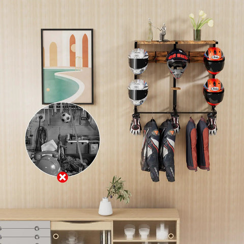 Heavy Duty Wall Mounted Helmet Rack With Six J Hooks And Six Clip Hooks Holds Six Helmets And Gear displayed in a tidy room