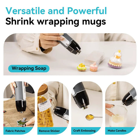 Mini Heat Gun 350W Dual Temp 500F And 842F in use for crafting soap and candles, shown with various applications and precision control.