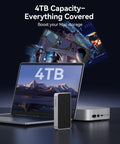 Straight Fire 80Gbps M.2 NVMe SSD Enclosure Portable External Drive With Silent Fanless Build For Blazing 6000Mbps Bandwidth Ideal For Quick 4k Edits And Heavy Creative Workloads That Truly Deliver Dope Performance Daily next to a laptop displaying 4TB capacity.