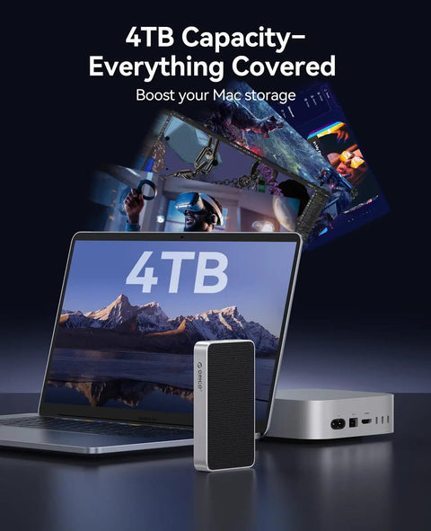 Straight Fire 80Gbps M.2 NVMe SSD Enclosure Portable External Drive With Silent Fanless Build For Blazing 6000Mbps Bandwidth Ideal For Quick 4k Edits And Heavy Creative Workloads That Truly Deliver Dope Performance Daily next to a laptop displaying 4TB capacity.