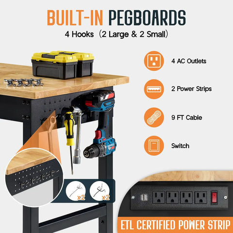 Adjustable Heavy Duty Workbench With Four AC Outlets And Two USB Ports, 2000 Lbs Capacity, Rubber Wood Top, Pegboards
