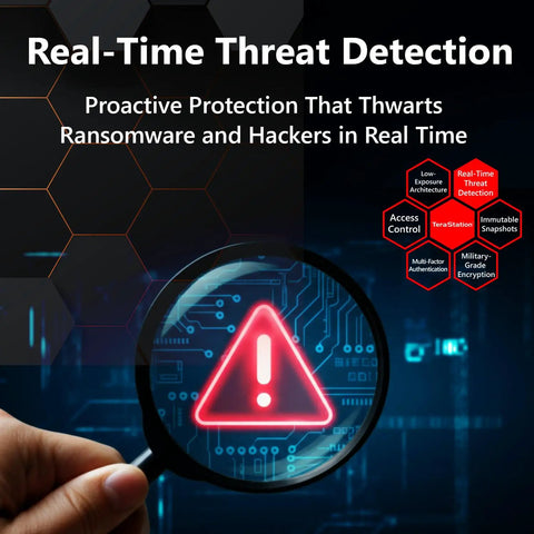 Real-Time Threat Detection with red alert icon visible through a magnifying glass, highlighting cybersecurity features.