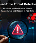 Real-Time Threat Detection image showing warning sign under magnifying glass, emphasizing protection against ransomware and hackers.