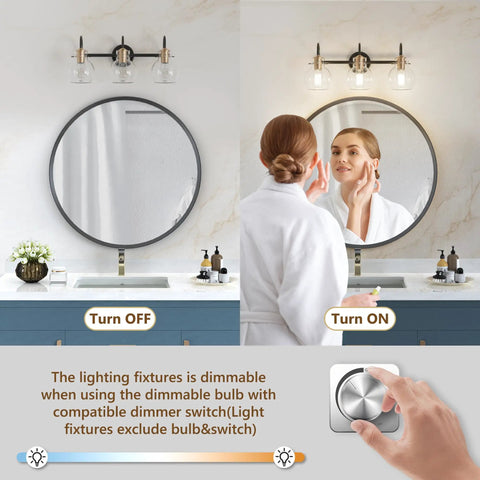 Three Light Vanity Light Fixture In Black And Copper With Globe Glass Shade mounted over bathroom mirror