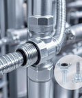 Close-up of Four Piece Three Quarter Inch Hose Barb Air Fittings Kit With Safety Locks And Washers connected to metal tubes.