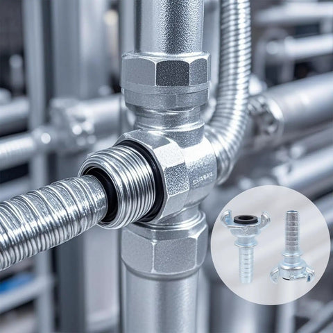 Close-up of Four Piece Three Quarter Inch Hose Barb Air Fittings Kit With Safety Locks And Washers connected to metal tubes.