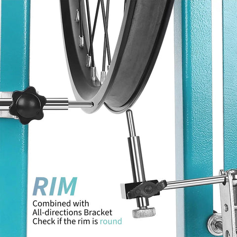 Wheel Truing Stand For 16-29 Inch Bikes, DIY Rim Maintenance Tool with spoke wrench in use on blue stand for alignment