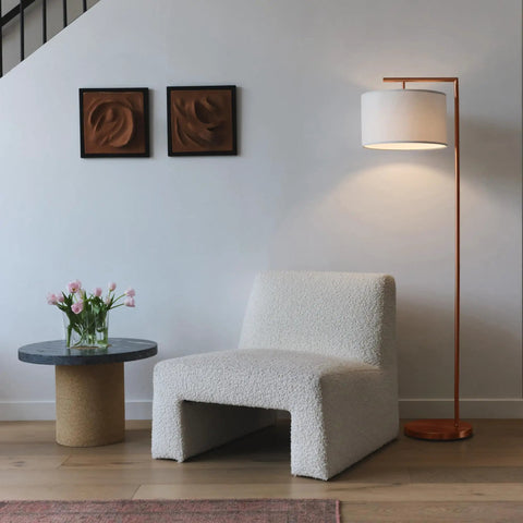 Living room with Montage Modern LED Floor Lamp for Living Rooms and Offices Tall Standing Corner Pole Lamp for Bedroom Reading in Rose Gold