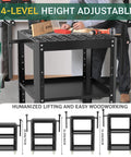 Heavy Duty Workhorse Rolling Planer Stand With Rock Solid 550 Lb Capacity Height Adjustable Workbench Table shown in adjustable height.