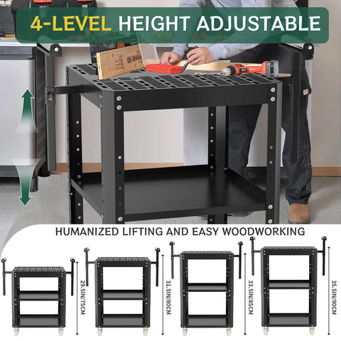 Heavy Duty Workhorse Rolling Planer Stand With Rock Solid 550 Lb Capacity Height Adjustable Workbench Table shown in adjustable height.