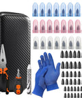 Roadside Tire Repair Kit With 100 Self Sealing Screw Plugs Three Sizes Safe For Cars Trucks Motorcycles SUVs Includes Tools And Portable Case Fix Punctures In Minutes Without Tire Removal, with tools, gloves, and case.