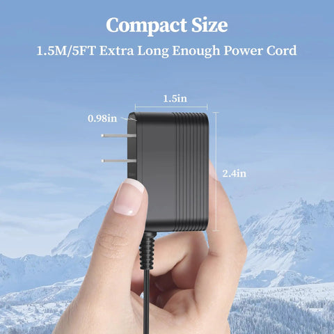 Hand holding 9V Power Cord Replacement For Keyboard And USB MIDI Controller Chargers Compatible With Alesis, showing plug dimensions.