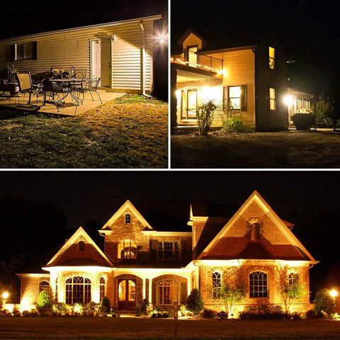 All Weather Outdoor LED Flood Light 8000LM RGBW Color Changing illuminating a patio, facade, and house exterior at night.