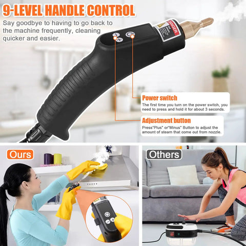 Top Tier 15 In 1 Handheld Steam Cleaner With Smooth Button Control Handle and Easy Gear Switching for Deep Home and Car Upholstery Cleaning portable high pressure steamer close-up of handle with button controls.