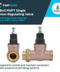Cash Acme EB45 3/4 in brass single-union pressure regulator valve; front and side views