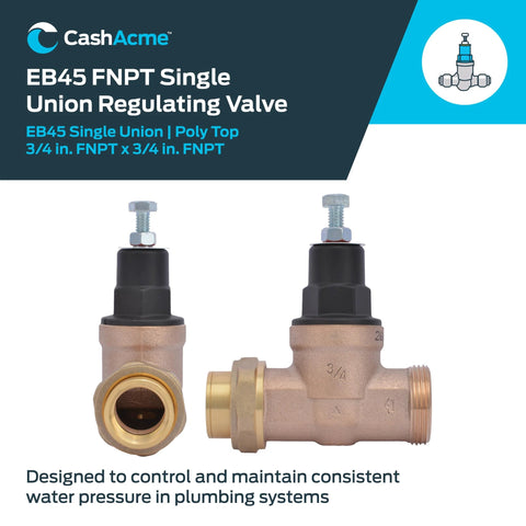 Cash Acme EB45 3/4 in brass single-union pressure regulator valve; front and side views