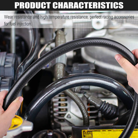Hands holding Three Eighth Inch ID Fuel Line Hose Ten Feet NBR Rubber Push Lock Truck Grade High Pressure 300 PSI For Automotive Fuel Systems And Engines Durable Fuel Line For Cars above engine