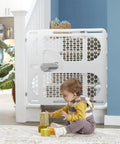 Child playing near Pressure Mounted Easy Fit Baby Gate With Memory Feature Fits 28 To 40 Inches Taupe One Hand Lock And Release.