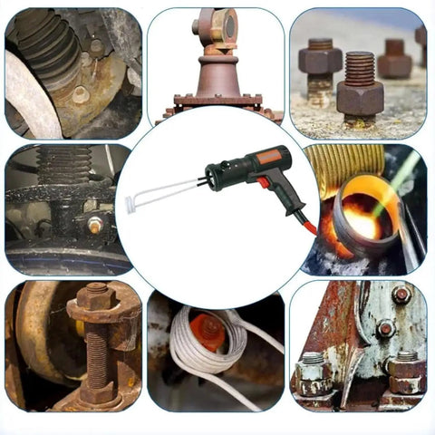 Handheld 1500W Induction Bolt Remover For Gunked Up Fasteners Flameless Heater depicted with various rusted bolts and nuts.