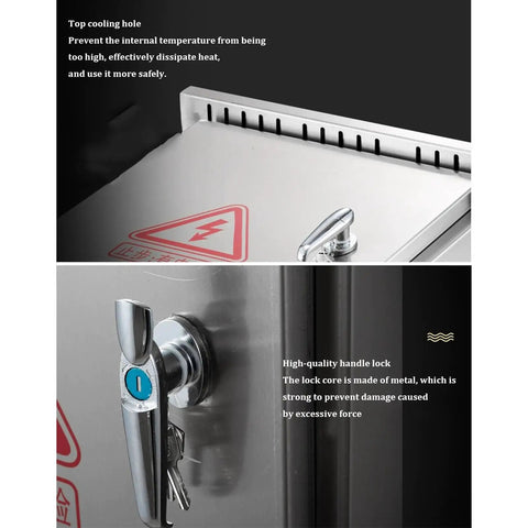 Weatherproof Stainless Steel Electrical Junction Box With Lock And Mounting Plate For Outdoor Use, Heavy Duty Enclosure To Protect Electrical Equipment From Rain, Dust, Snow And UV Rays, top vent and handle lock