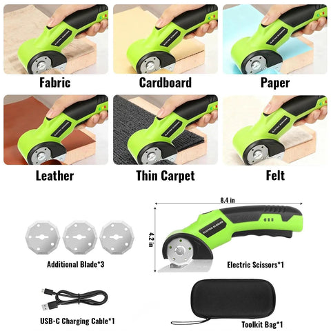 Powerhouse Cordless Electric Scissors With Rechargeable 4 Point 2V Battery And Self Sharpening Rotary Blades For Effortless Cardboard Cutting LED light on various materials