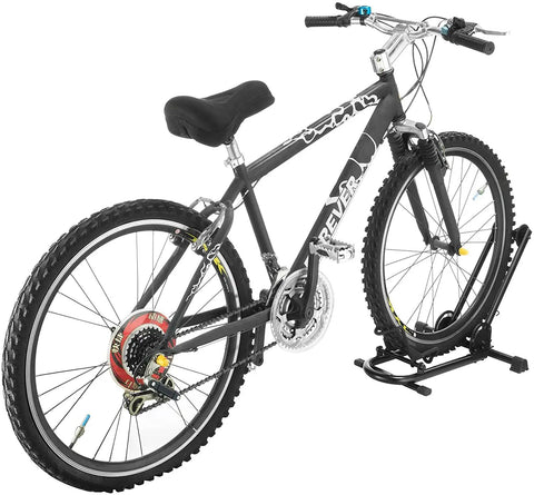 Mountain bike on Foldable Bike Rack Floor Stand For Easy No Hassle Bike Storage Fits 20mm To Two Point Four Inch Wide Tires On 650C 700C Road Wheels And 20 To 29 Inch MTB BMX Bikes Heavy Duty Powder Coated Steel.