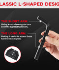 Hand holding L-shape hex key from 30 Piece Hex Key Set With Organizer Case Alloy Steel L Shape Allen Wrenches SAE And Metric Coverage Long And Short Arm Design Black Finish From 0.028 Inch To Three Eighths Inch And 0.7 Mm To 10 Mm Ideal For Bike And Auto Repairs