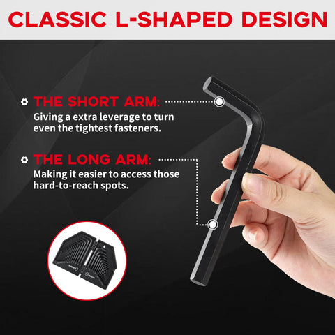 Hand holding L-shape hex key from 30 Piece Hex Key Set With Organizer Case Alloy Steel L Shape Allen Wrenches SAE And Metric Coverage Long And Short Arm Design Black Finish From 0.028 Inch To Three Eighths Inch And 0.7 Mm To 10 Mm Ideal For Bike And Auto Repairs