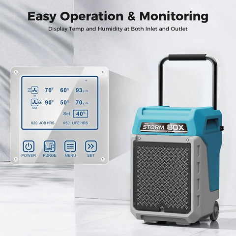 Heavy Duty Commercial Dehumidifier With Built In Pump showing control panel and unit for monitoring humidity levels.