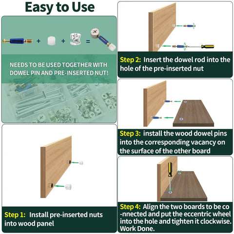 All In One 121 Piece Furniture Hardware Kit With M6 Bolts In 20 40 60 And 80 Millimeter Sizes Cam Locks Barrel Nuts Dowel Pins And Hex Key For Beds Dressers Cabinets And Drawers Grab And Go Replacement Repair Kit showing assembly steps