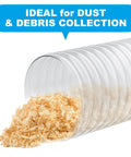 Heavy Duty 4 Inch PVC Dust Collection Hose, 50 Feet Long, Flexible Clear Debris And Fume Collector With sawdust visible inside.
