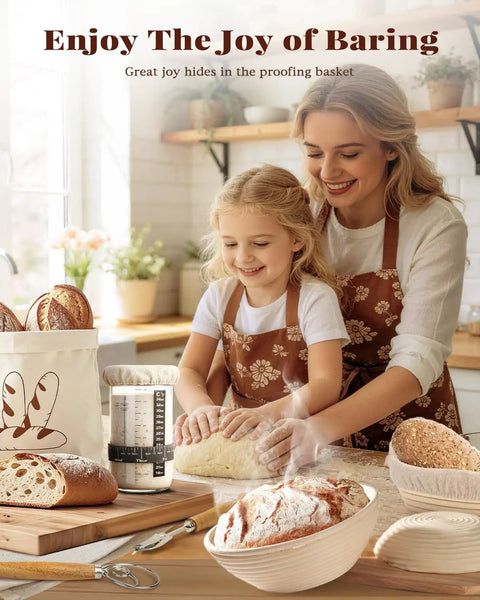 Mother and daughter baking with All In One Sourdough Starter Kit For Beginners including baskets, whisk, and manual in kitchen