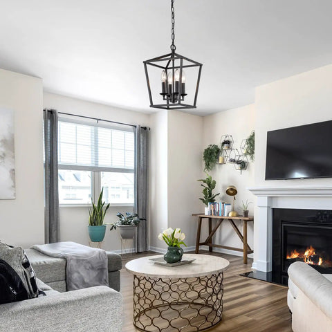 Go-To Industrial Black Four-Light Pendant With Candle-Style Cage Chandelier in modern living room setting